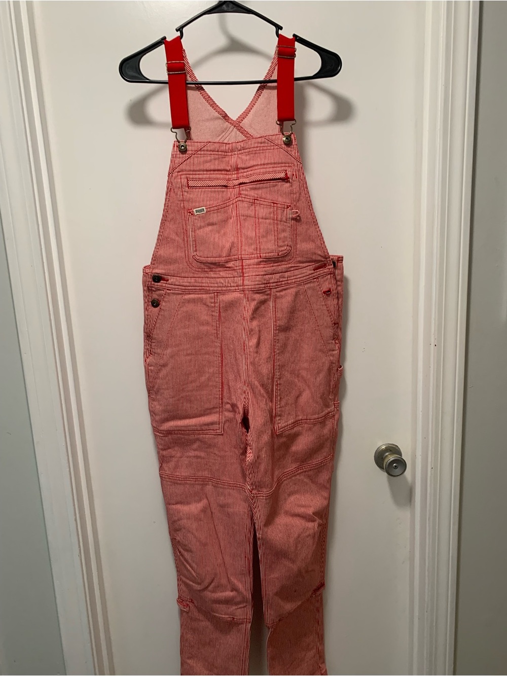 Women's Duluth red and white striped Corduroy Overalls with Adjustable Straps